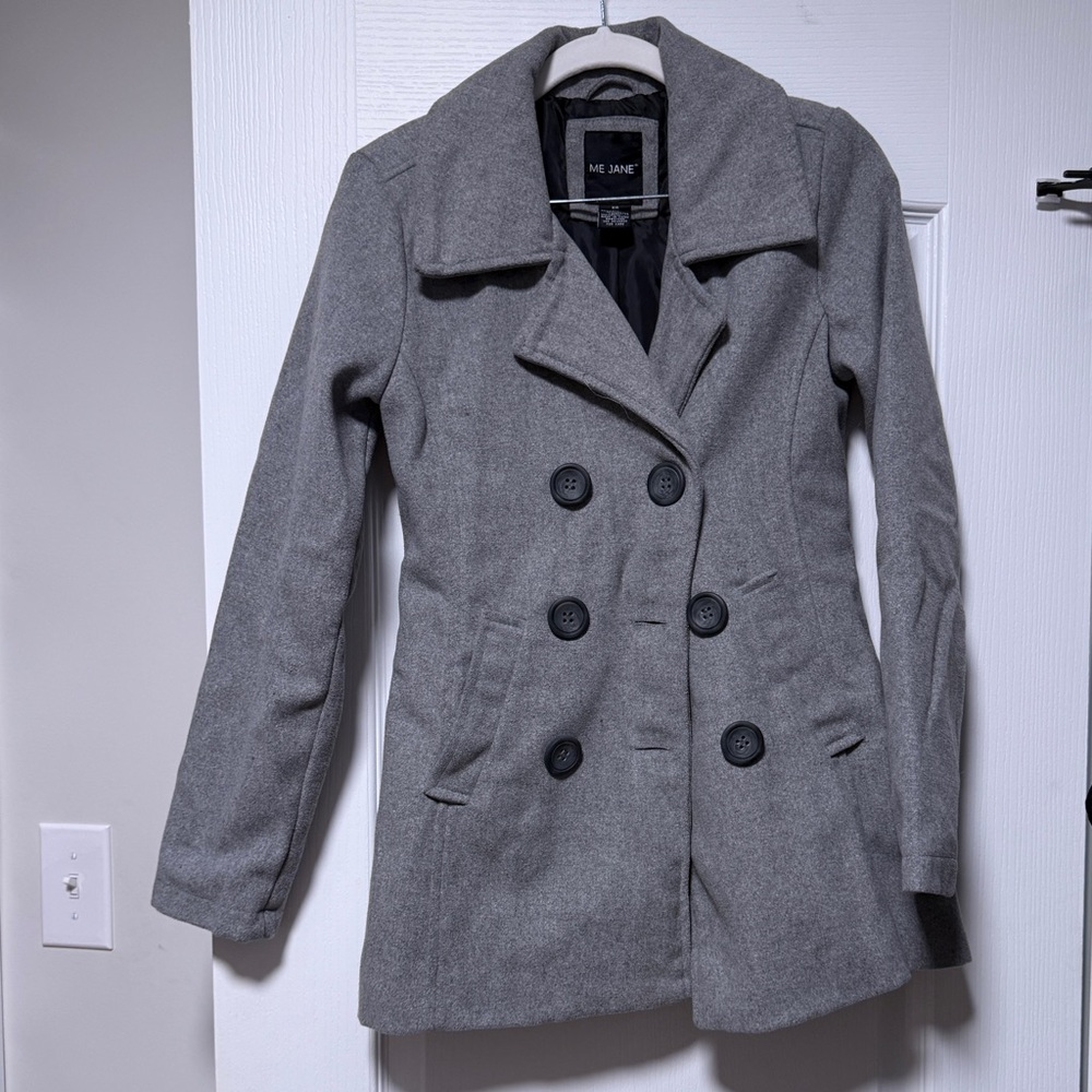 Me Jane Women's Gray Double-Breasted Pea Coat with Classic Lapels